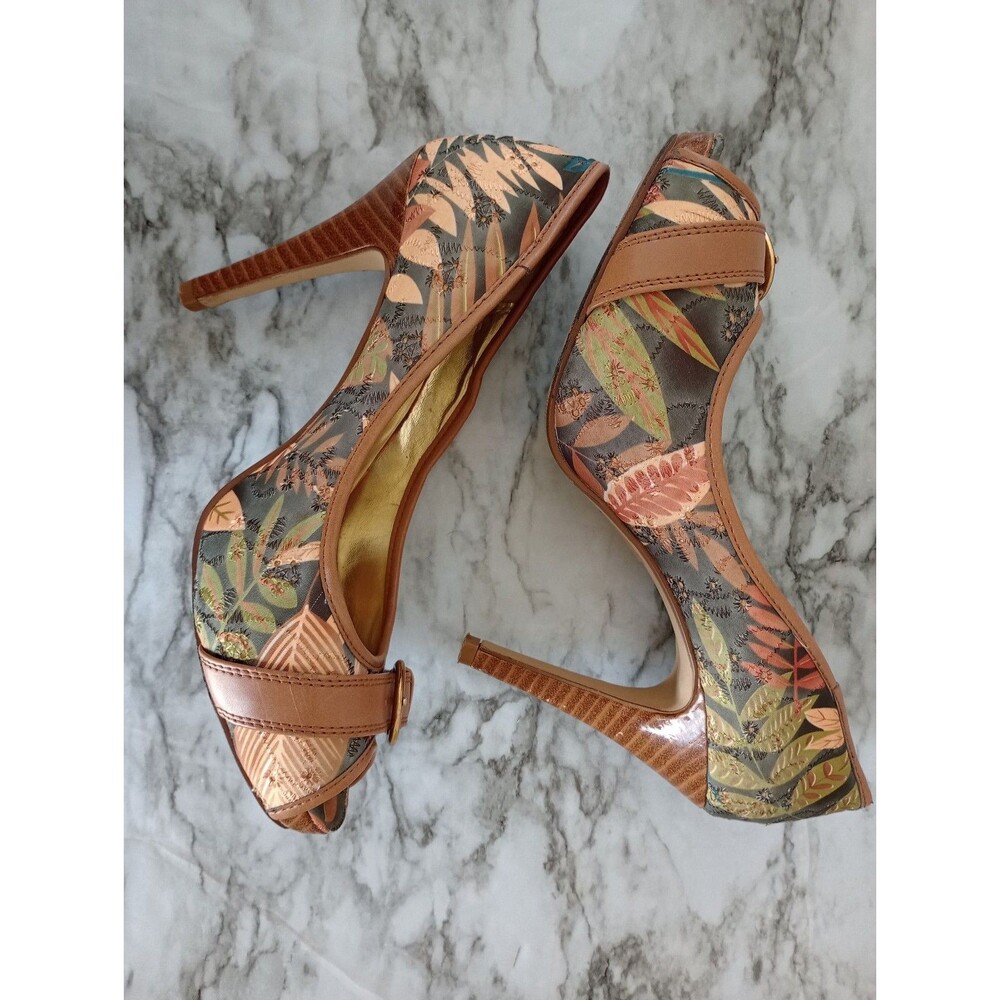 Delicious Fabric Woodsy Foliage Themed Peek Toe High Heel Shoes Size 9 - Picture 5 of 9